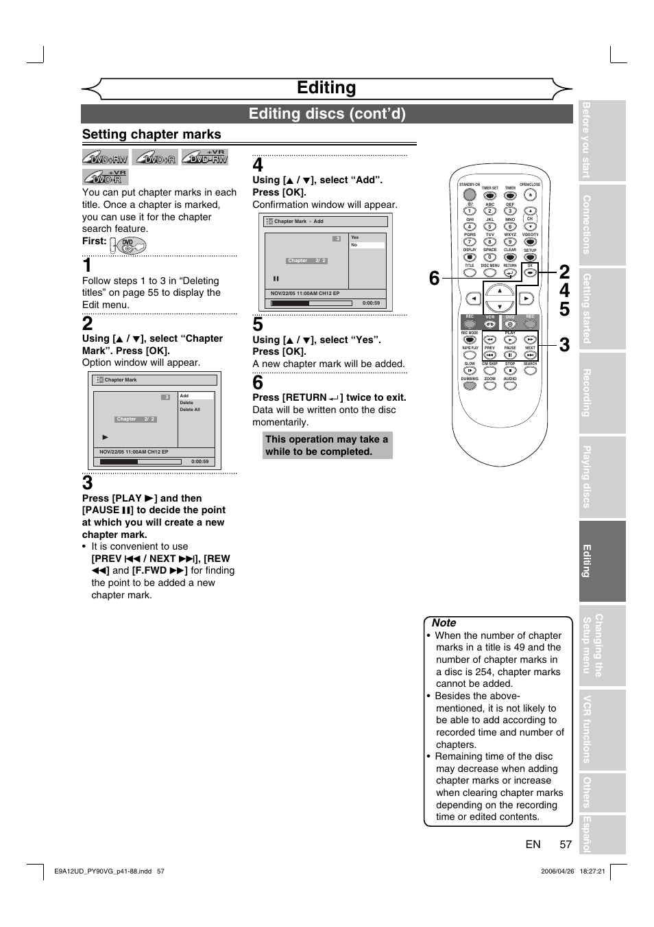 Editing, Editing discs (cont’d), Setting chapter marks | FUNAI PY90VG User Manual | Page 57 / 90