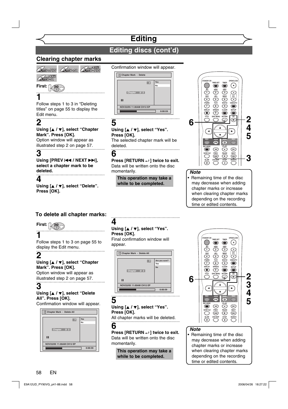 Editing, Editing discs (cont’d), Clearing chapter marks | 58 en | FUNAI PY90VG User Manual | Page 58 / 90
