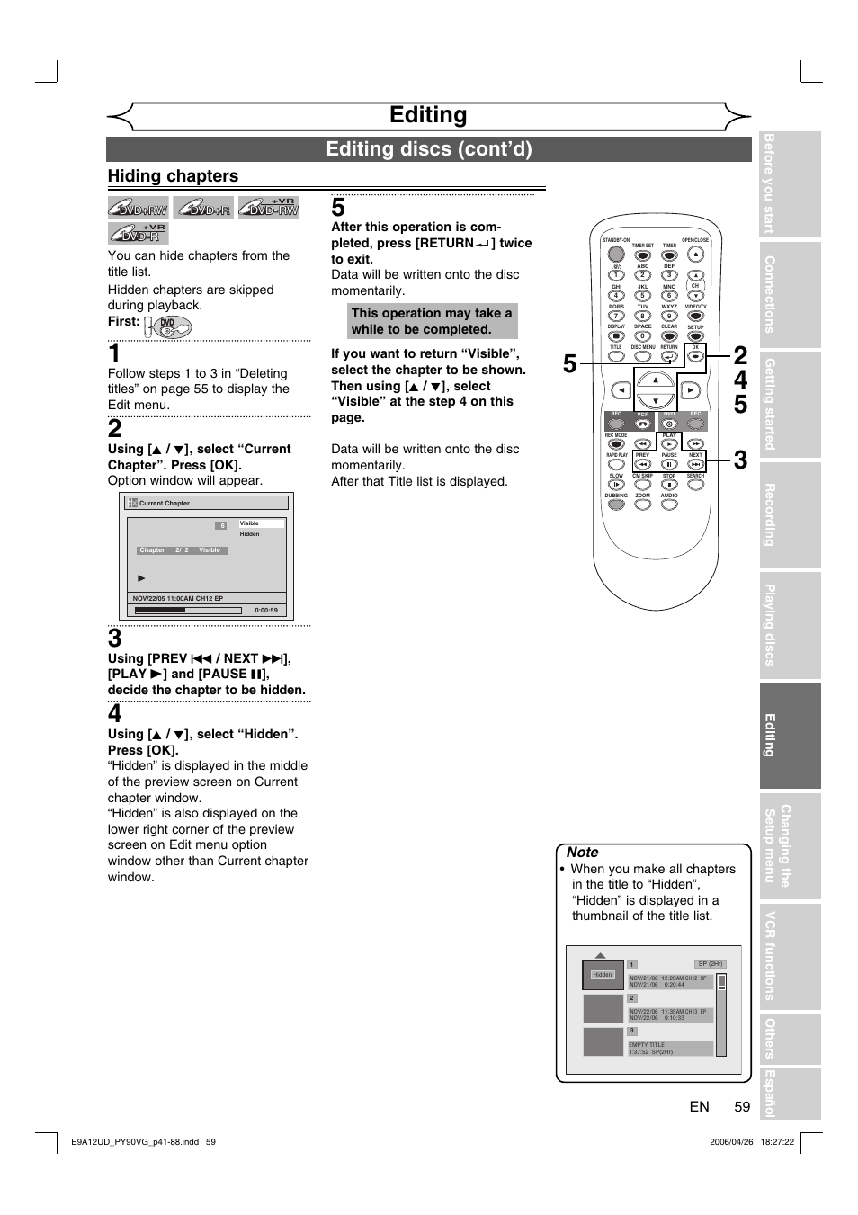 Editing, Editing discs (cont’d), Hiding chapters | FUNAI PY90VG User Manual | Page 59 / 90