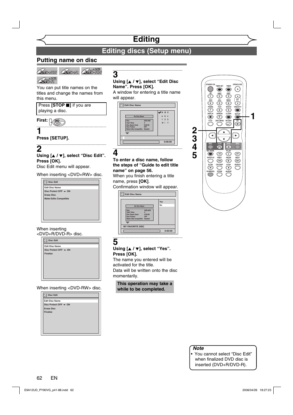 Editing, Editing discs (setup menu), Putting name on disc | 62 en, Press [setup, Press [stop c ] if you are playing a disc, This operation may take a while to be completed | FUNAI PY90VG User Manual | Page 62 / 90