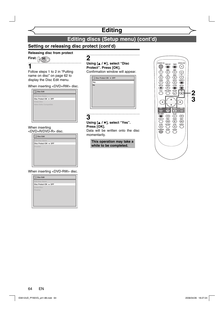 Editing, Editing discs (setup menu) (cont’d), Setting or releasing disc protect (cont'd) | 64 en, Releasing disc from protect first, This operation may take a while to be completed | FUNAI PY90VG User Manual | Page 64 / 90