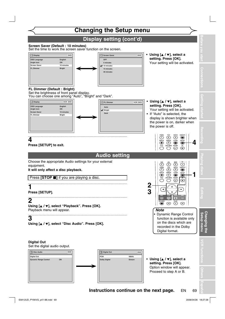 Changing the setup menu, Audio setting display setting (cont’d), Instructions continue on the next page | Press [stop c ] if you are playing a disc, Press [setup] to exit, Press [setup, Using [ k / l ], select “disc audio”. press [ok | FUNAI PY90VG User Manual | Page 69 / 90