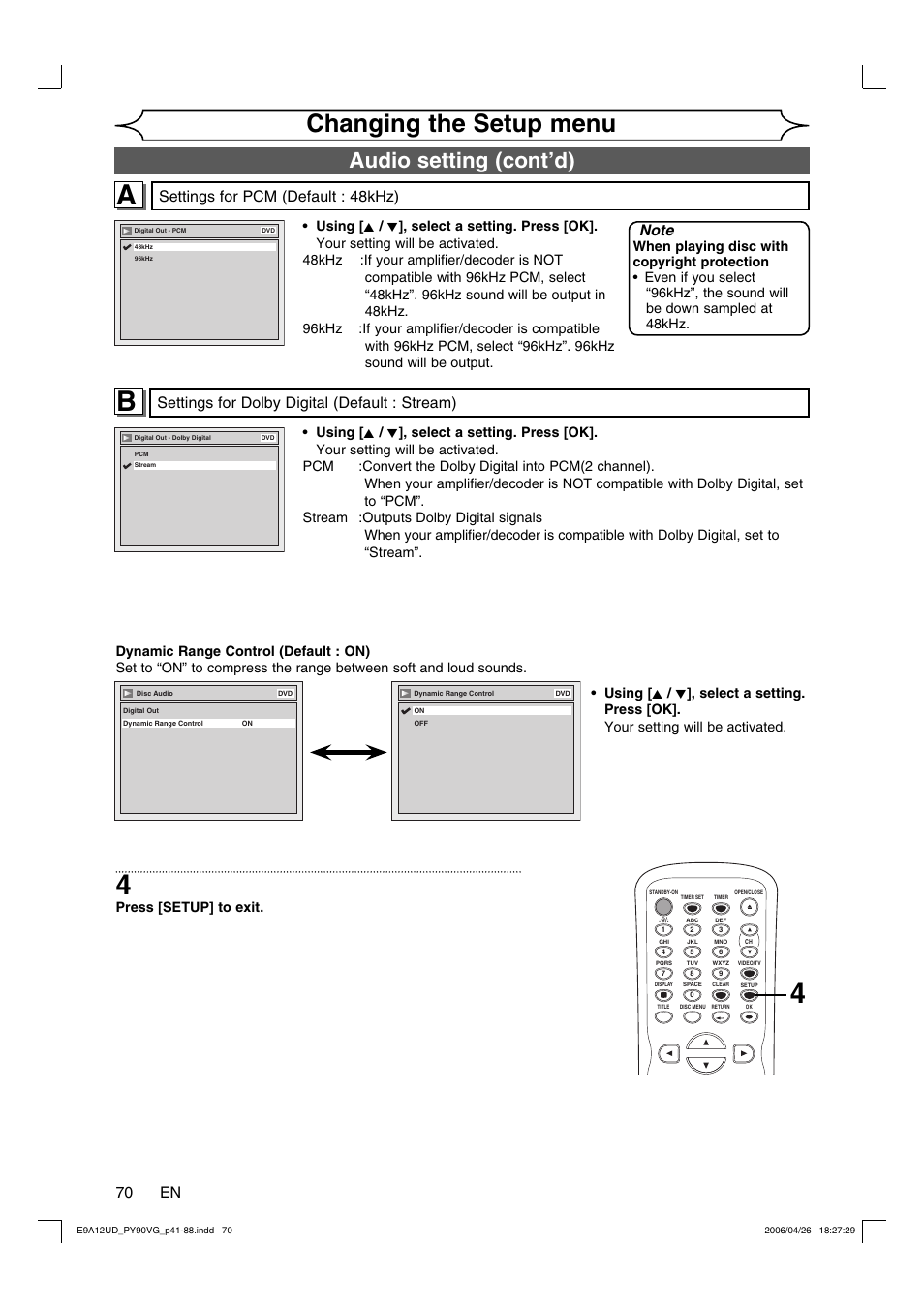 Changing the setup menu, Audio setting (cont’d), 70 en | Settings for dolby digital (default : stream), Settings for pcm (default : 48khz) | FUNAI PY90VG User Manual | Page 70 / 90