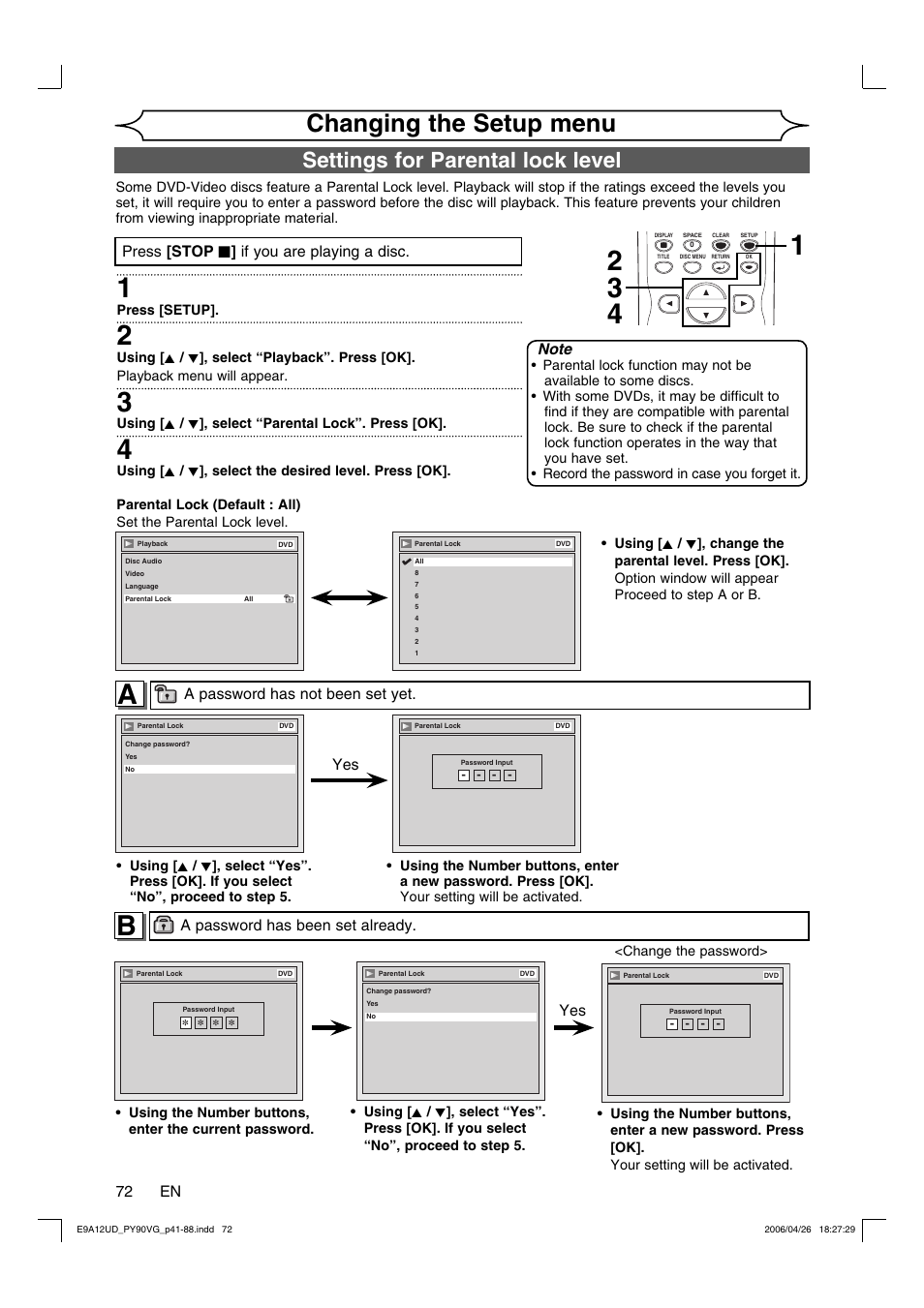 Changing the setup menu, Settings for parental lock level, Press [stop c ] if you are playing a disc | A password has not been set yet, A password has been set already | FUNAI PY90VG User Manual | Page 72 / 90