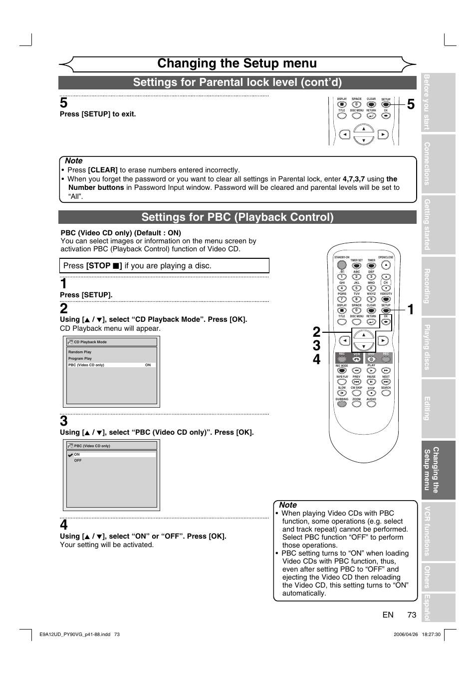 Changing the setup menu | FUNAI PY90VG User Manual | Page 73 / 90