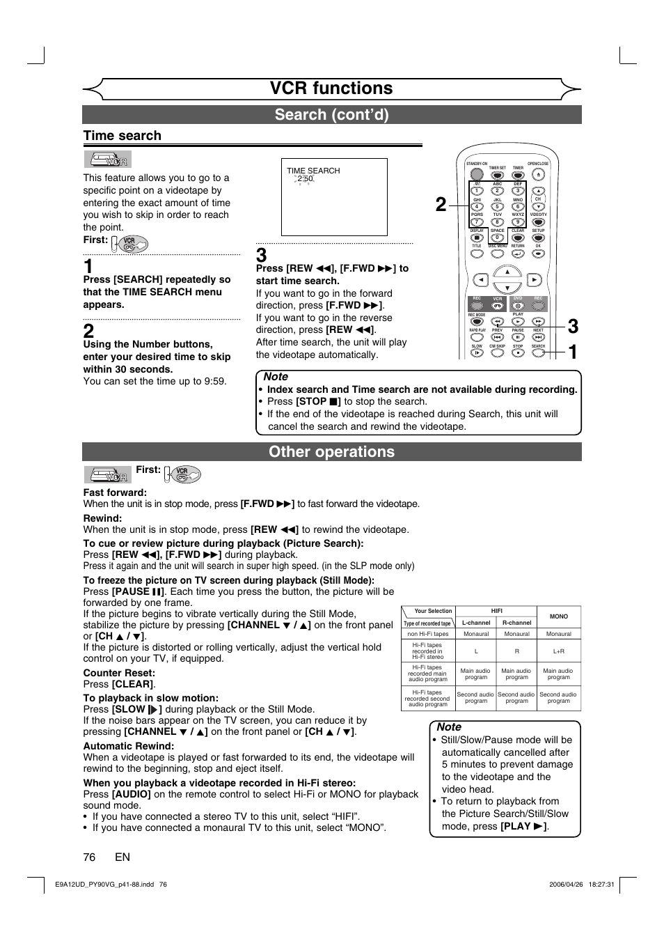 Vcr functions, Other operations, Search (cont’d) | Time search, 76 en, First | FUNAI PY90VG User Manual | Page 76 / 90