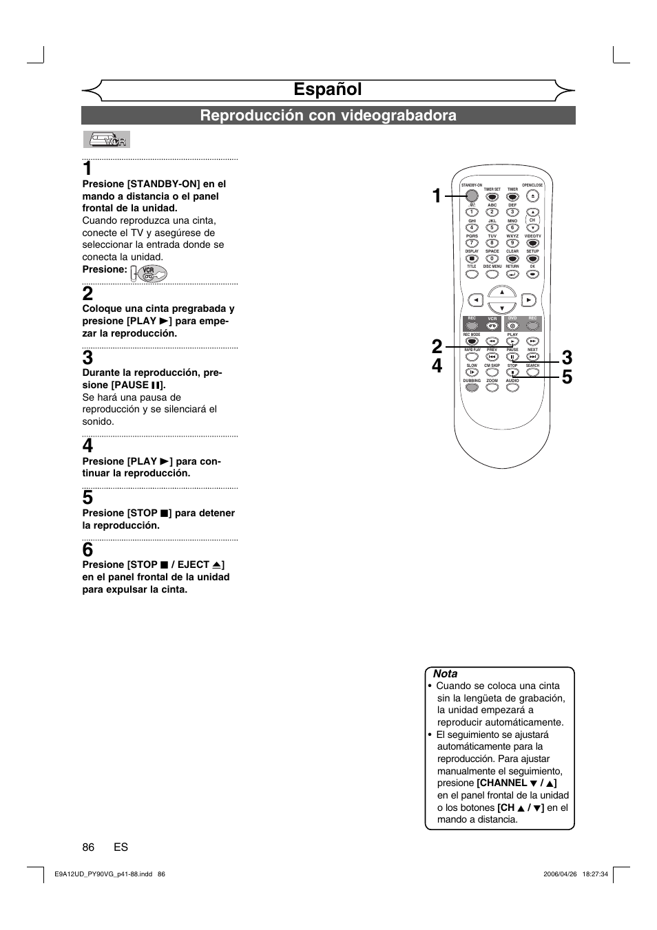 Español, Reproducción con videograbadora, 86 es | Nota | FUNAI PY90VG User Manual | Page 86 / 90