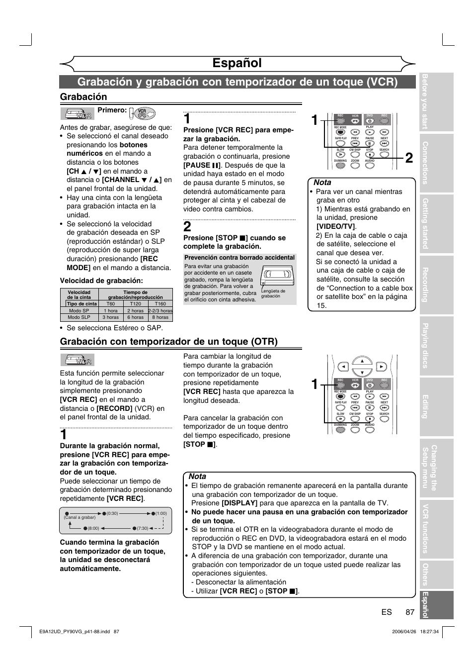 Español, Grabación con temporizador de un toque (otr), Grabación | Nota | FUNAI PY90VG User Manual | Page 87 / 90