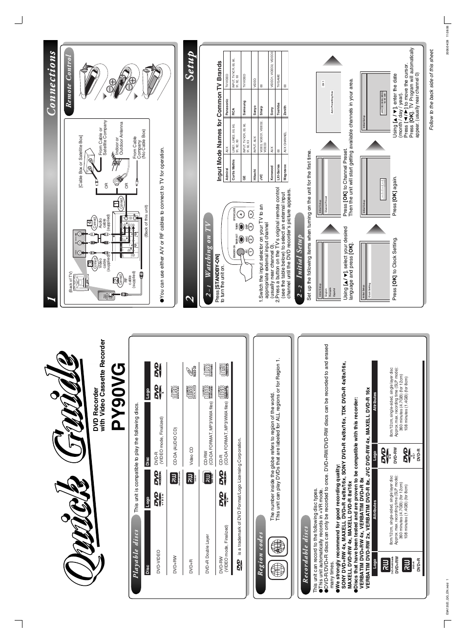 Pye90vg_e9a12ud_qg_v1.pdf, Py90v g, 1connections 2 setup | Watching on tv, Initial setup, Remote control, Playable discs region codes recordable discs, Dvd recorder with video cassette recorder, Input mode names f or common tv brands, Press [ok] again | FUNAI PY90VG User Manual | Page 89 / 90