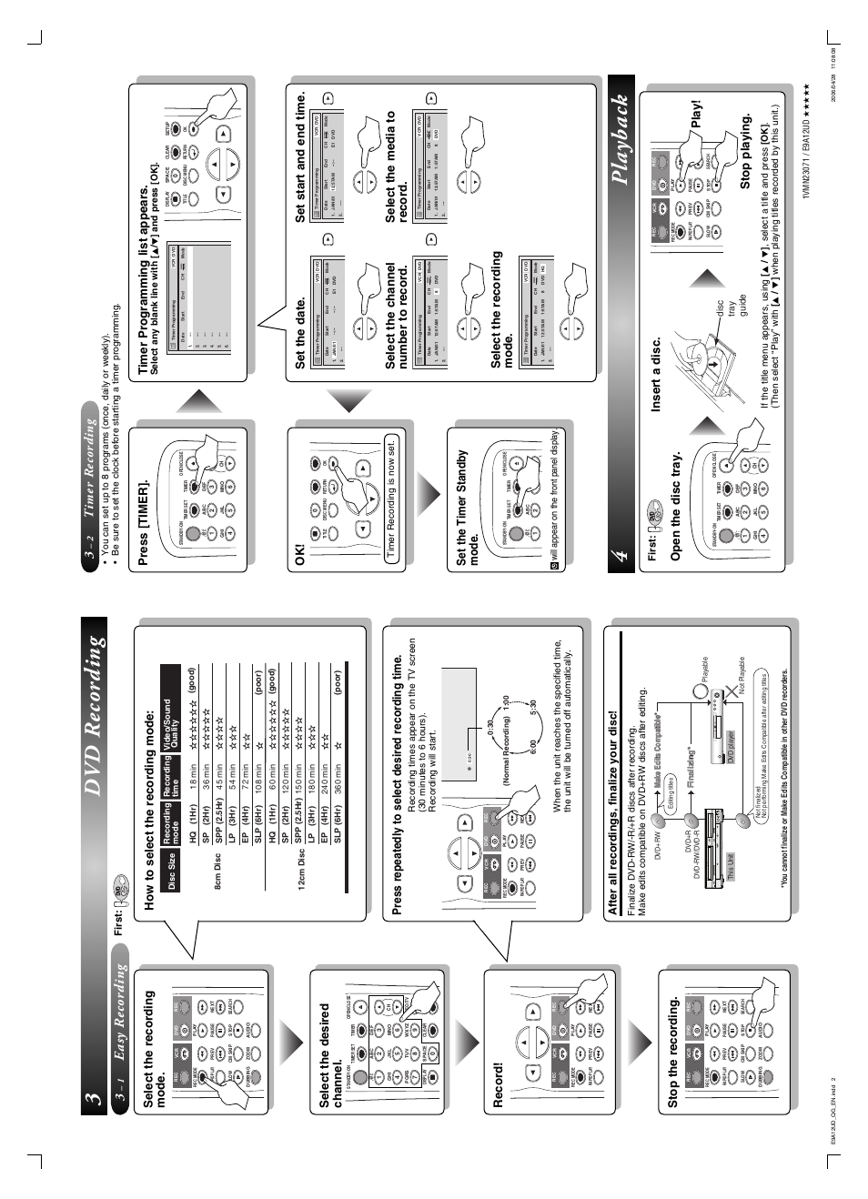 3dvd recording, 4playback, Easy recording | Timer recording, Press repeatedly to select desired recording time, Timer programming list appears, How to select the recording mode, Ok! set the timer standby mode, Open the disc tray. insert a disc, Play! stop playing | FUNAI PY90VG User Manual | Page 90 / 90