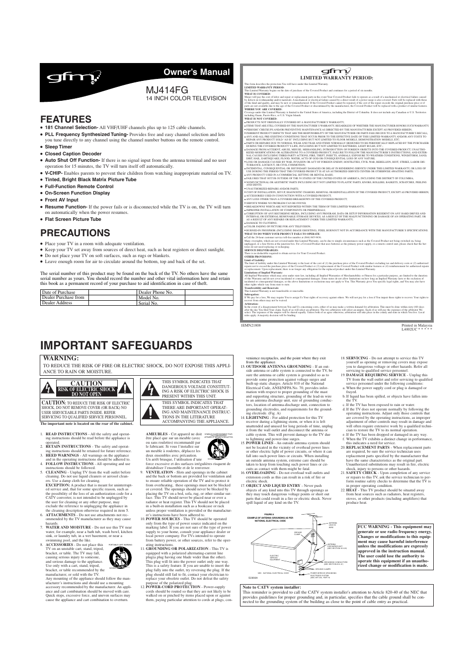 FUNAI MJ414FG User Manual | 4 pages