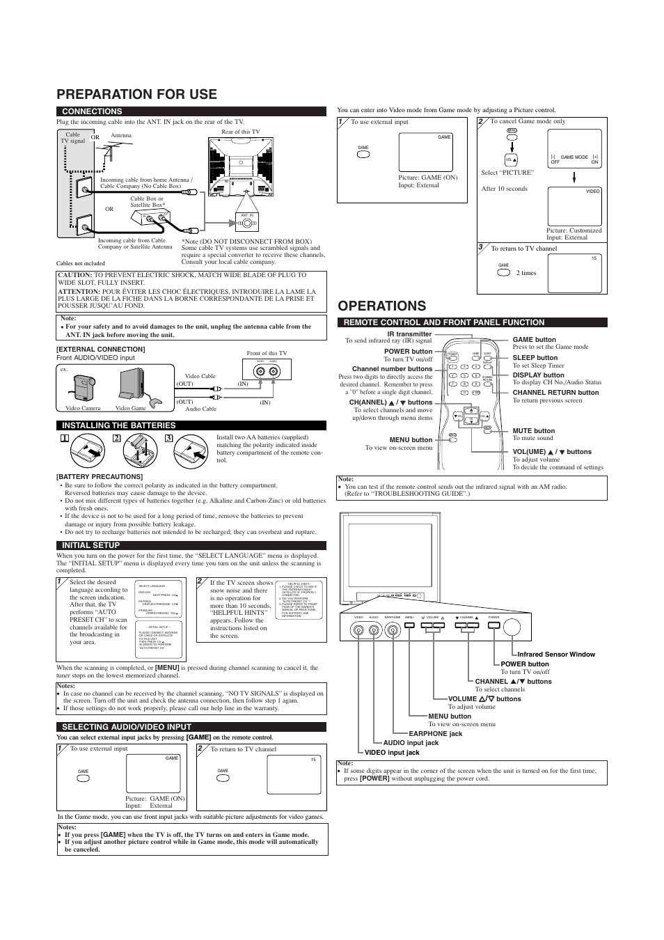 Preparation for use, Operations, Video audio earphone menu volume channel power | Ant . in | FUNAI MJ414FG User Manual | Page 2 / 4