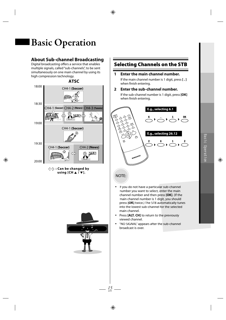 Basic operation, Selecting channels on the stb, About sub-channel broadcasting | FUNAI TB110MW9 User Manual | Page 15 / 32