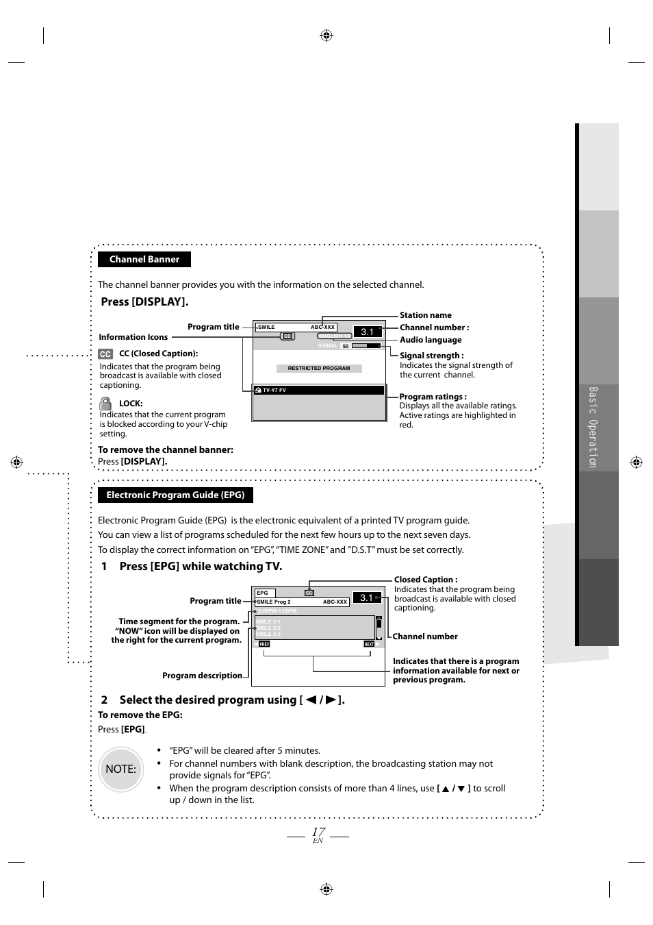 Press [display, 1 press [epg] while watching tv, 2 select the desired program using [ s / b | Basic operation | FUNAI TB110MW9 User Manual | Page 17 / 32