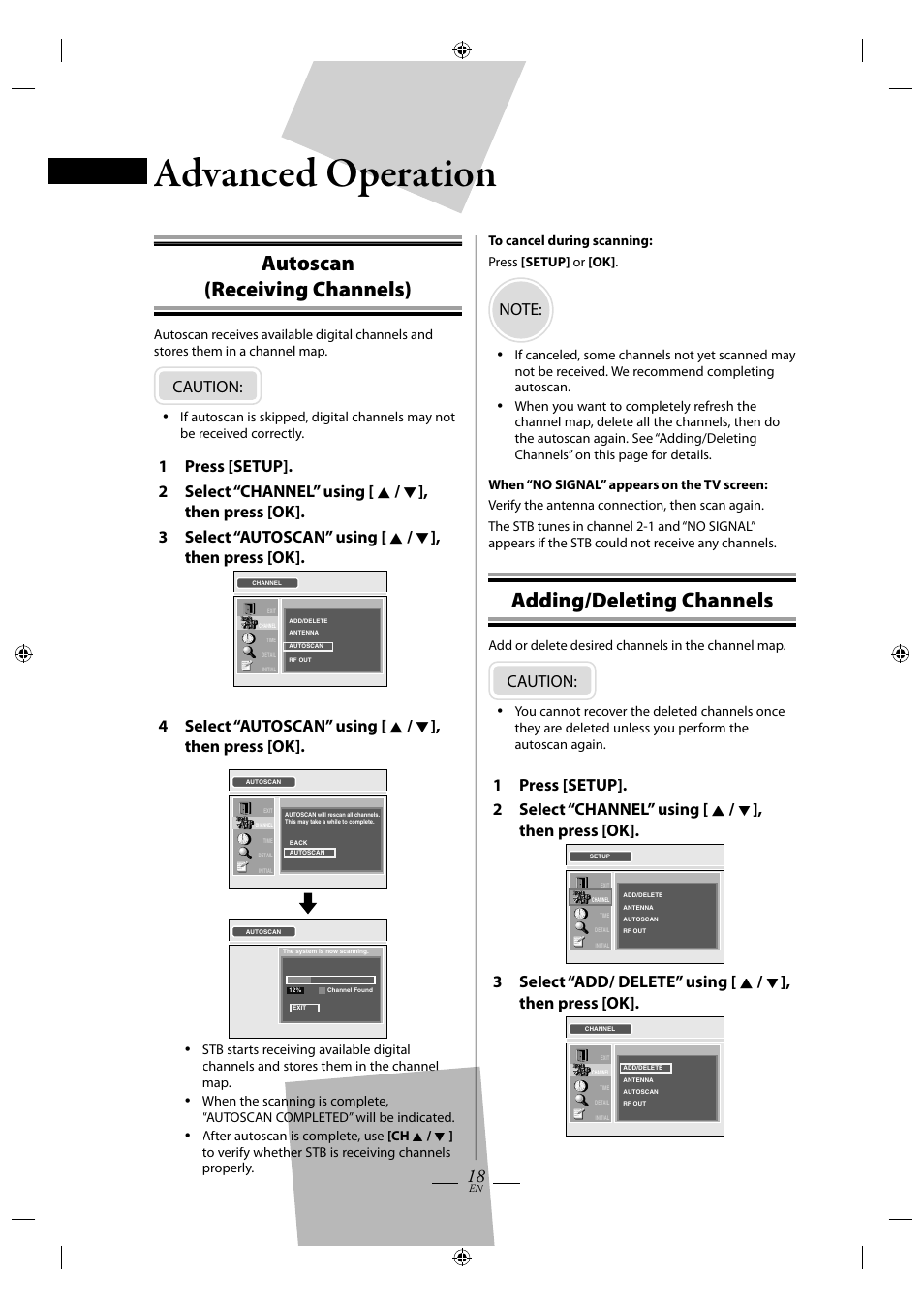 Advanced operation, Autoscan(receiving channels), Adding/deleting channels | Advanced operation operation, Autoscan (receiving channels), Caution | FUNAI TB110MW9 User Manual | Page 18 / 32