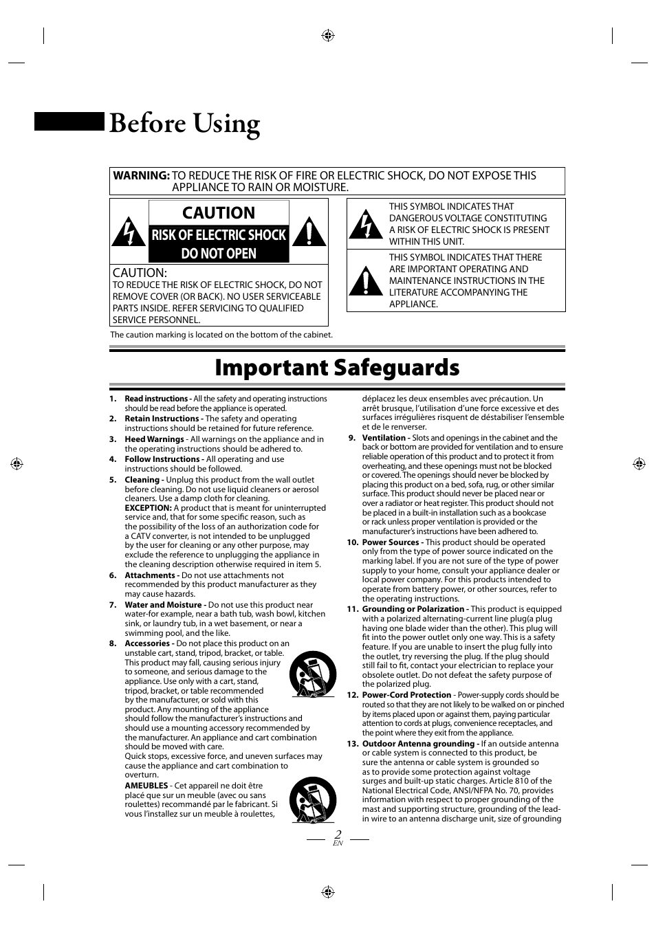 Before using, Important safeguards, Caution | Risk of electric shock do not open | FUNAI TB110MW9 User Manual | Page 2 / 32