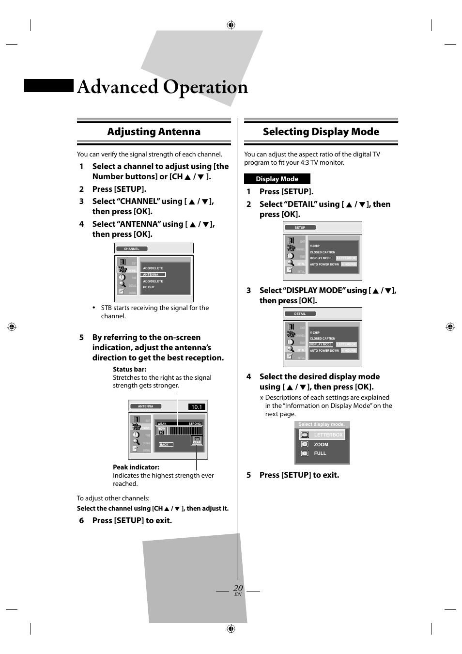 Adjusting antenna, Selecting display mode, Advanced operation operation | 6 press [setup] to exit, 5 press [setup] to exit | FUNAI TB110MW9 User Manual | Page 20 / 32
