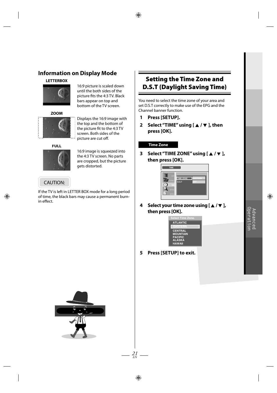 Information on display mode, Caution, 5 press [setup] to exit | FUNAI TB110MW9 User Manual | Page 21 / 32