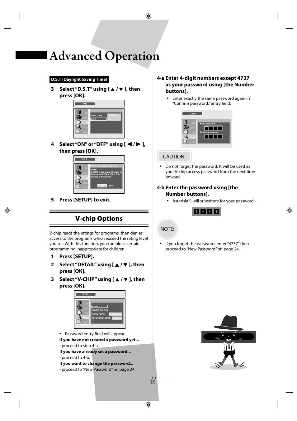 V-chip options, Advanced operation operation, 3 select “d.s.t” using [ k / l ], then press [ok | 5 press [setup] to exit, Caution, B enter the password using [the number buttons | FUNAI TB110MW9 User Manual | Page 22 / 32