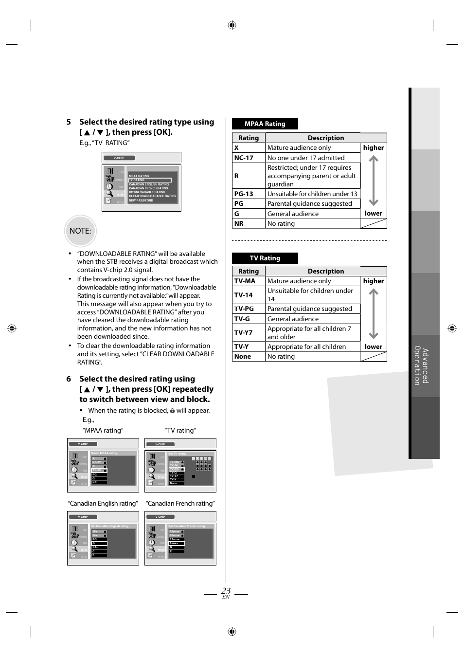 Advanced operation, E.g., “tv rating, Canadian english rating” “canadian french rating | FUNAI TB110MW9 User Manual | Page 23 / 32