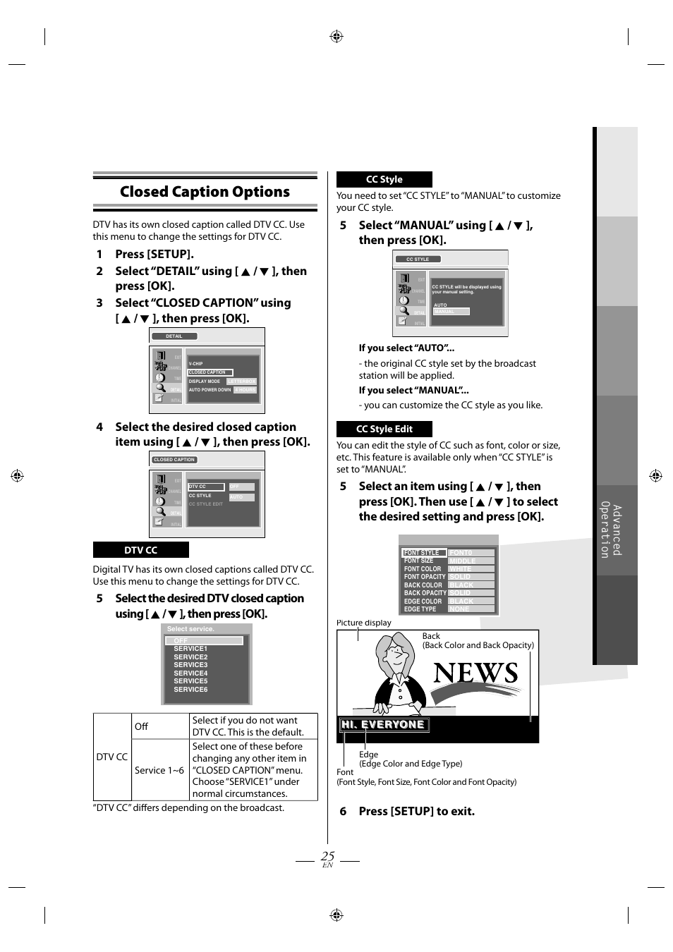 Closed caption options, 5 select “manual” using [ k / l ], then press [ok, 6 press [setup] to exit | Advanced operation | FUNAI TB110MW9 User Manual | Page 25 / 32