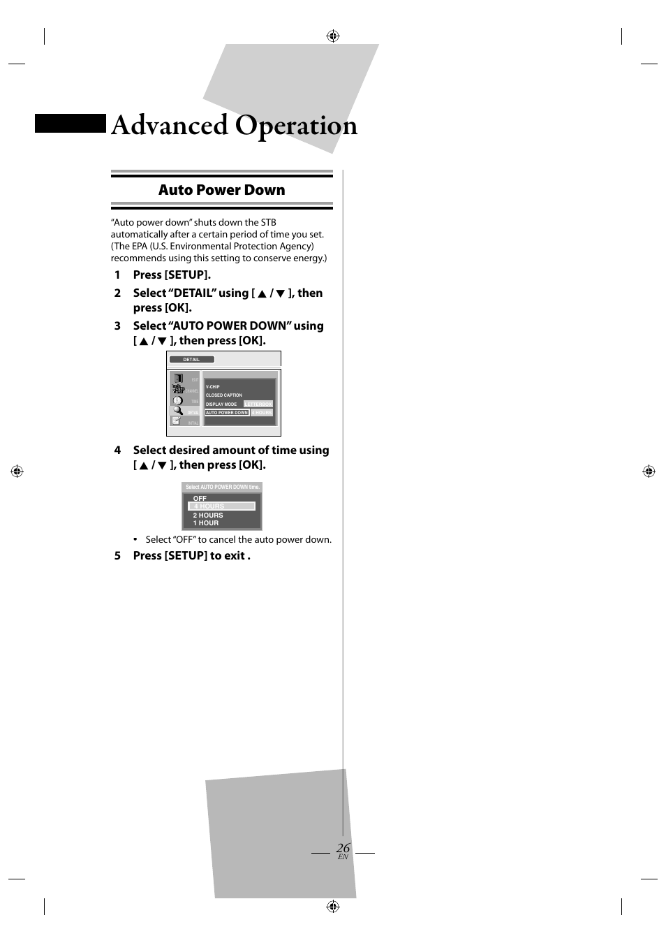 Auto power down, Advanced operation operation | FUNAI TB110MW9 User Manual | Page 26 / 32