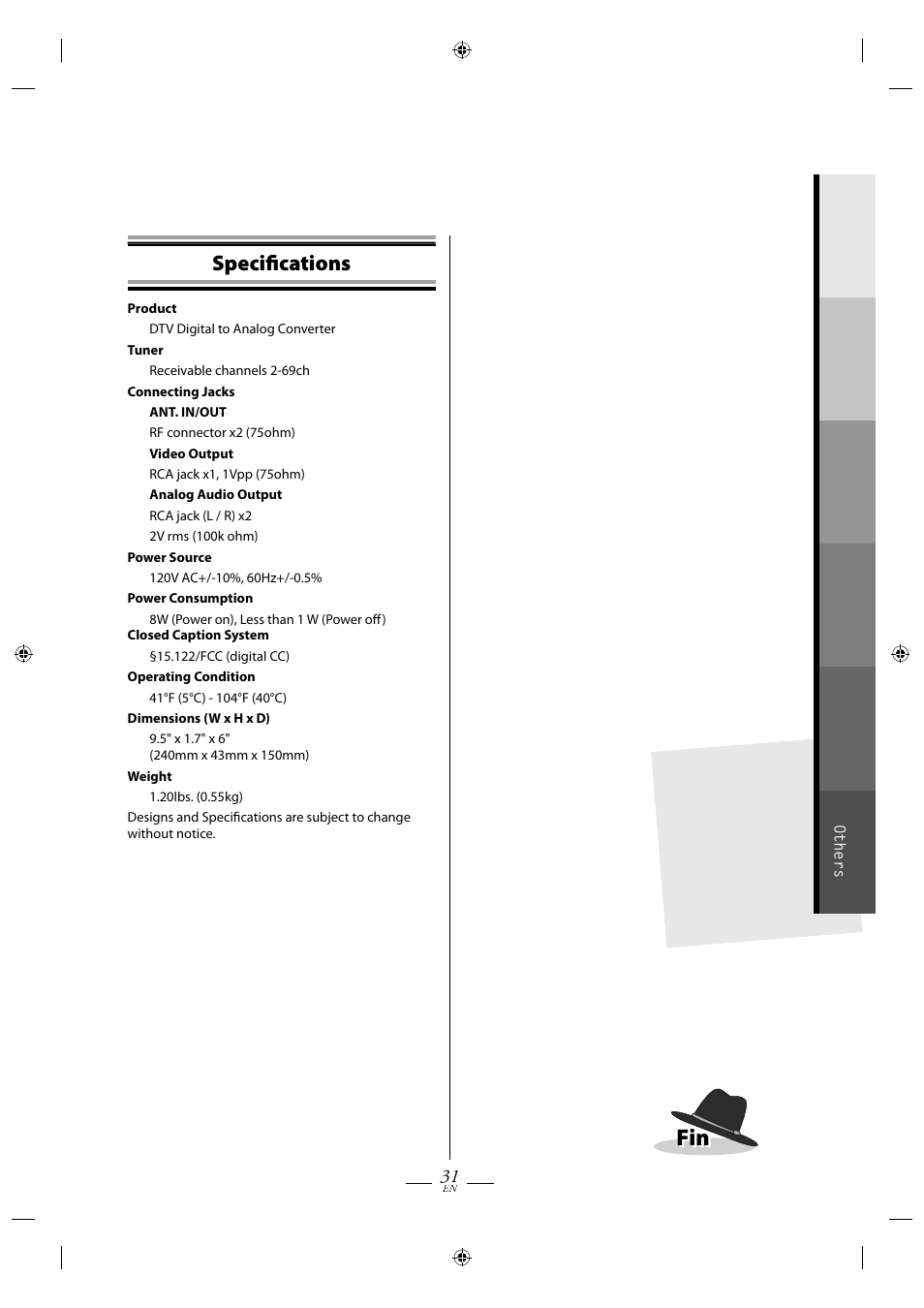 Specifi cations | FUNAI TB110MW9 User Manual | Page 31 / 32