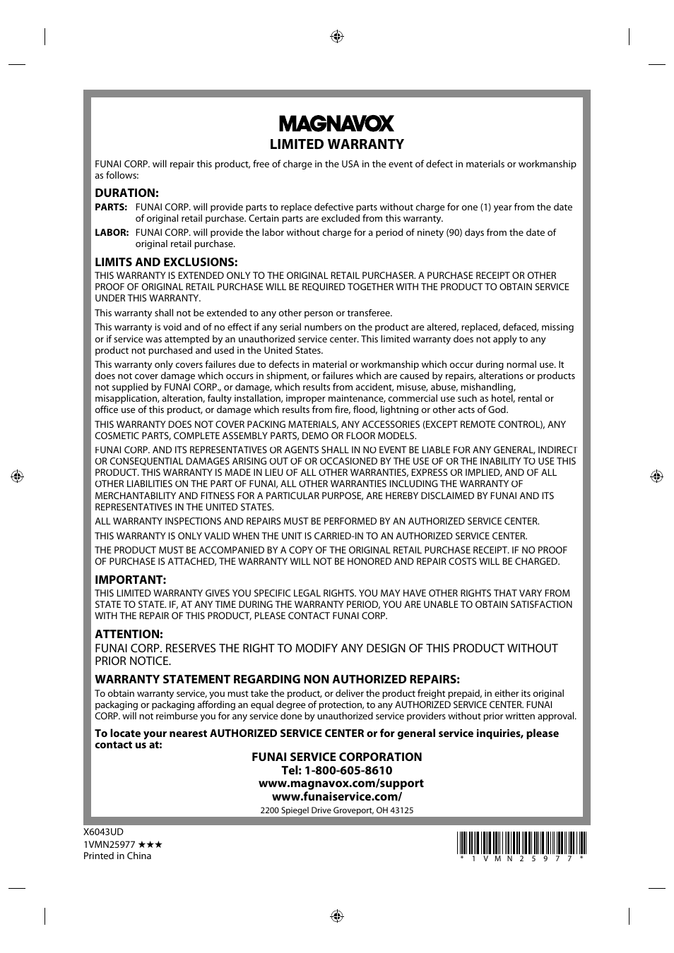 Limited warranty | FUNAI TB110MW9 User Manual | Page 32 / 32