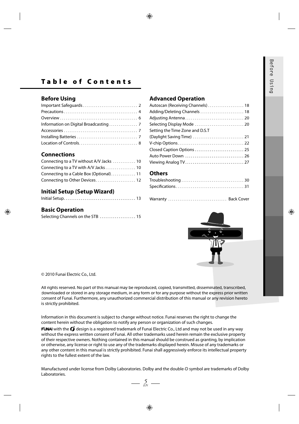Before using, Connections, Initial setup (setup wizard) | Basic operation, Advanced operation, Others | FUNAI TB110MW9 User Manual | Page 5 / 32