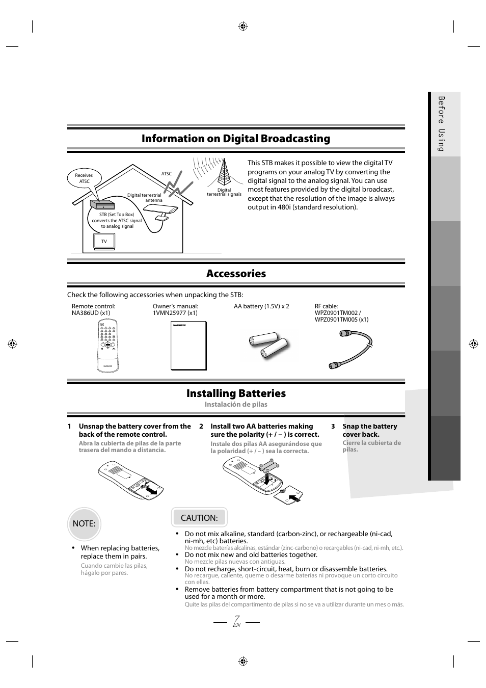 Information on digital broadcasting, Accessories, Installing batteriesins | Installing batteries | FUNAI TB110MW9 User Manual | Page 7 / 32