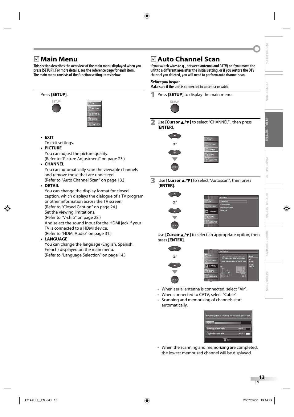 Main menu, Auto channel scan, Before you begin | FUNAI V07LCD26 User Manual | Page 13 / 36