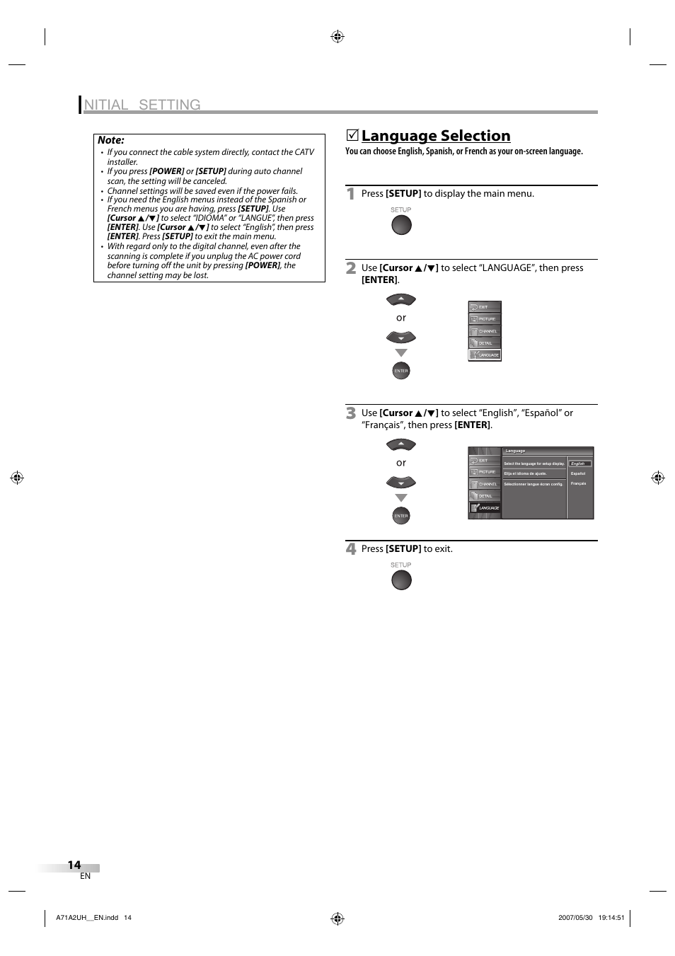 Nitial setting, Language selection | FUNAI V07LCD26 User Manual | Page 14 / 36