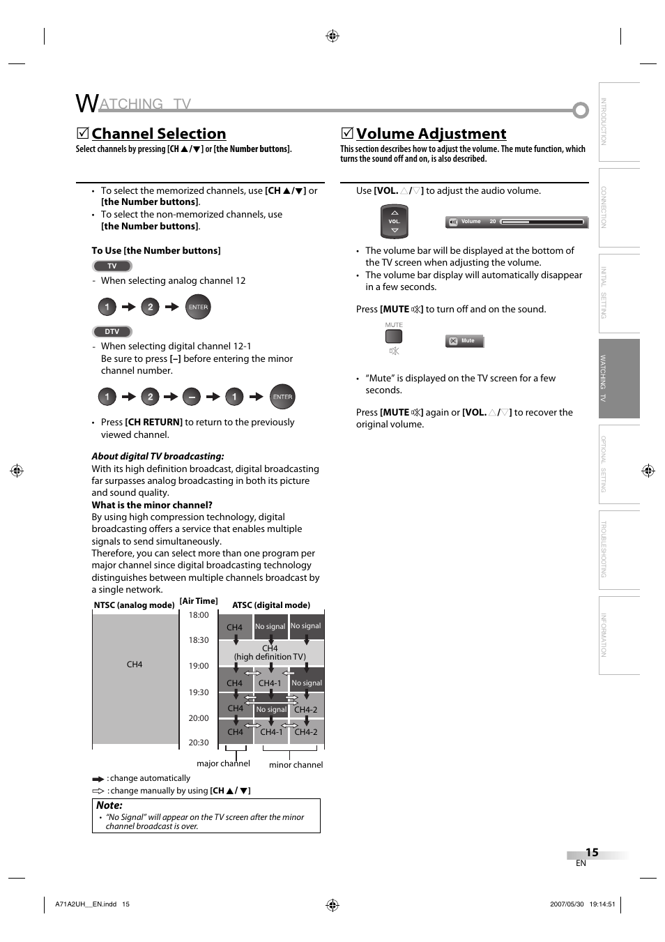 Atching tv, Channel selection, Volume adjustment | FUNAI V07LCD26 User Manual | Page 15 / 36