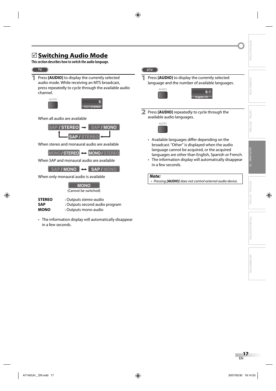 Switching audio mode | FUNAI V07LCD26 User Manual | Page 17 / 36