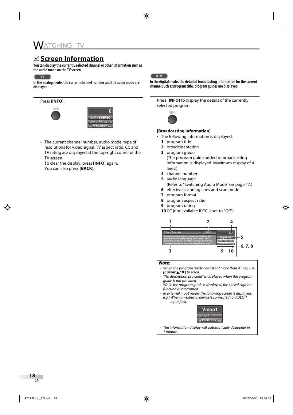 Atching tv, Screen information | FUNAI V07LCD26 User Manual | Page 18 / 36