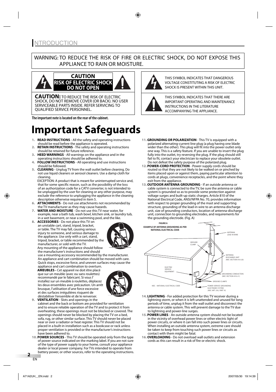Important safeguards, Ntroduction, Caution | Caution risk of electric shock do not open | FUNAI V07LCD26 User Manual | Page 2 / 36