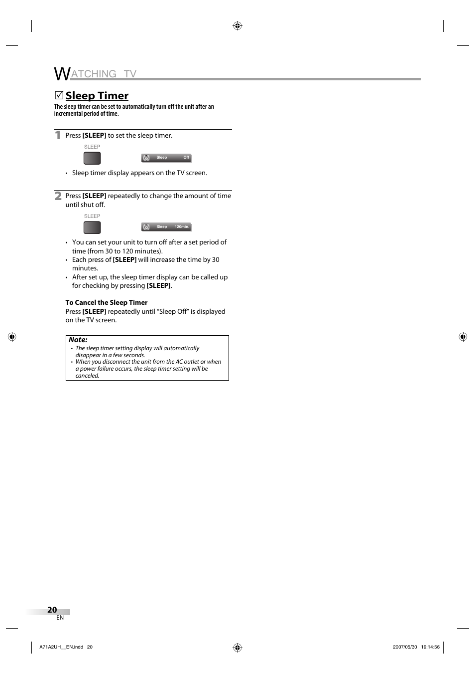 Atching tv, Sleep timer | FUNAI V07LCD26 User Manual | Page 20 / 36