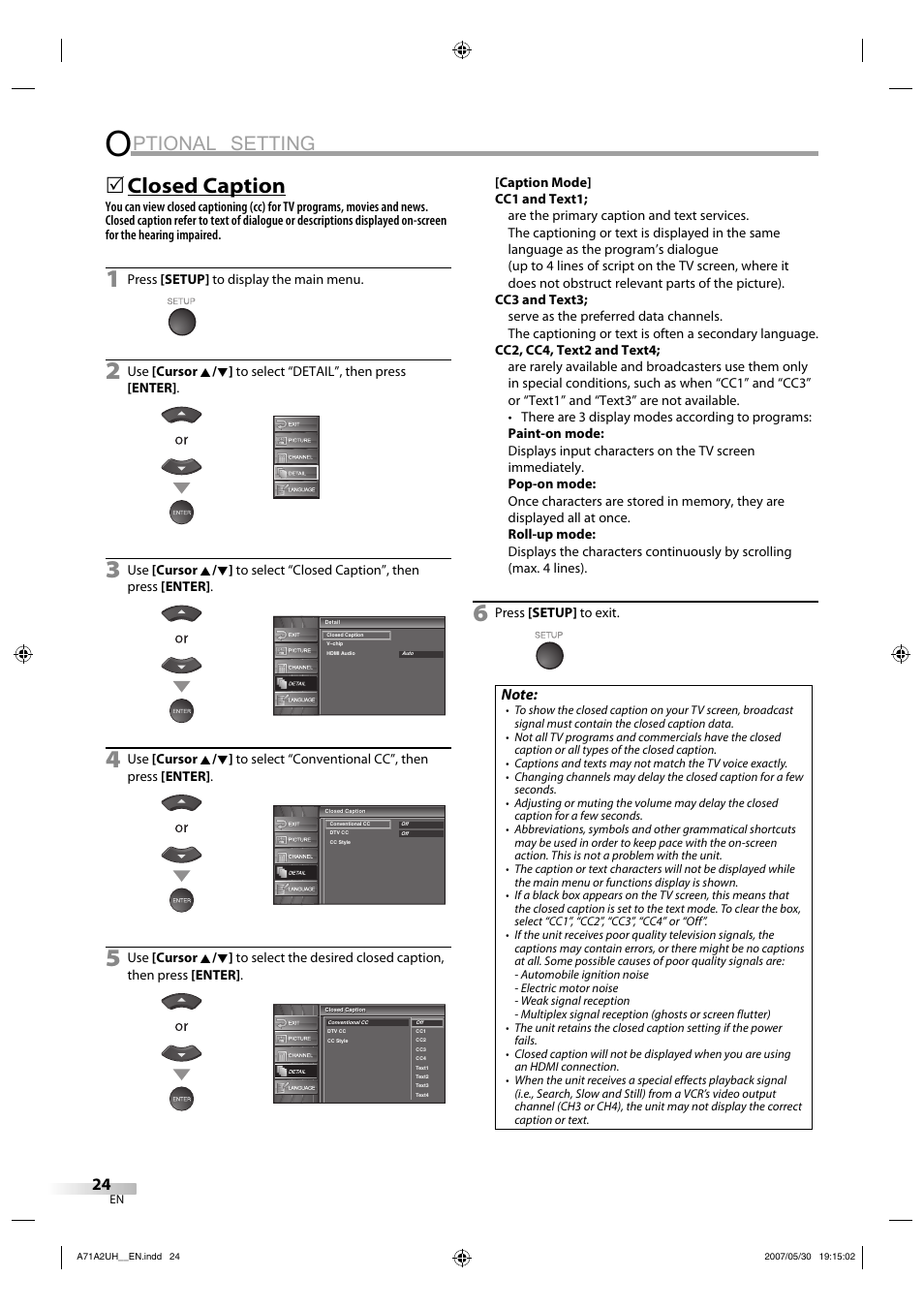Ptional setting, Closed caption | FUNAI V07LCD26 User Manual | Page 24 / 36