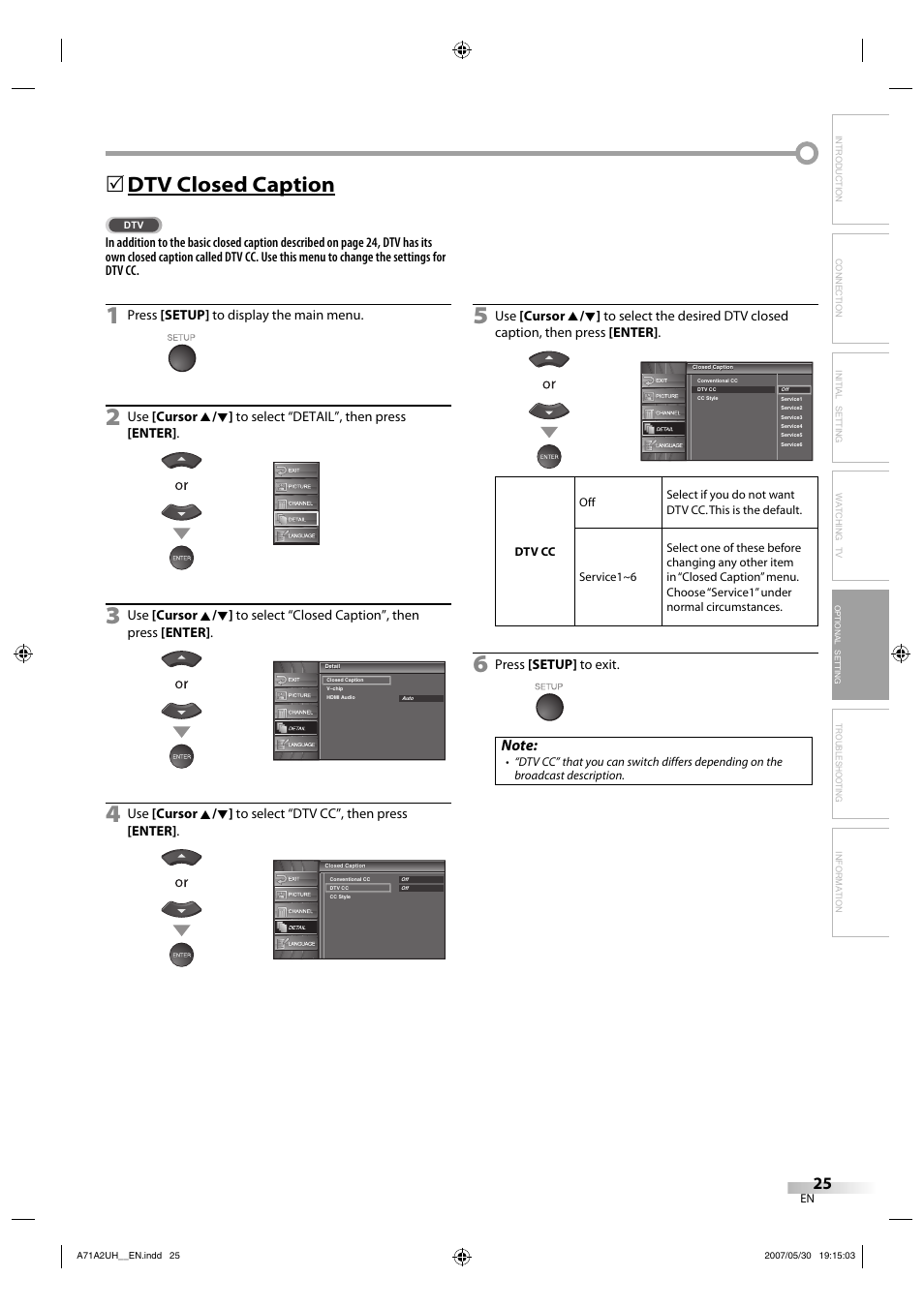Dtv closed caption | FUNAI V07LCD26 User Manual | Page 25 / 36