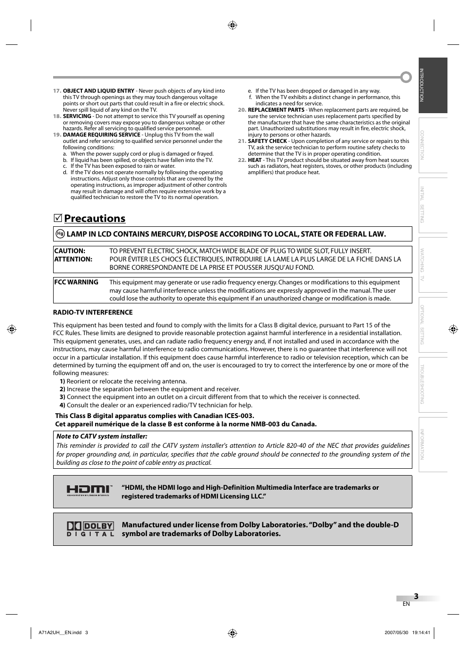 Precautions | FUNAI V07LCD26 User Manual | Page 3 / 36
