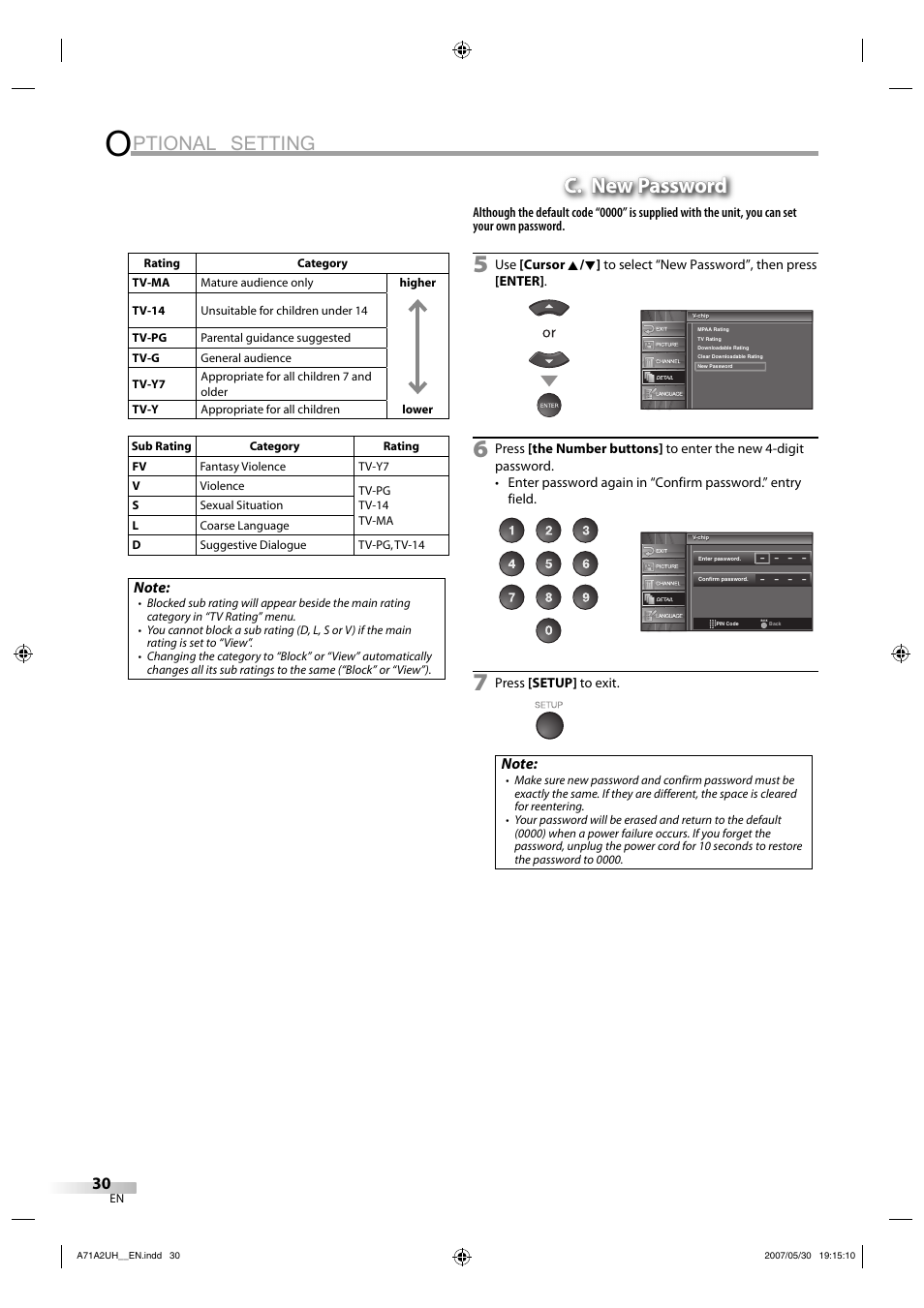 Ptional setting, C. new password | FUNAI V07LCD26 User Manual | Page 30 / 36