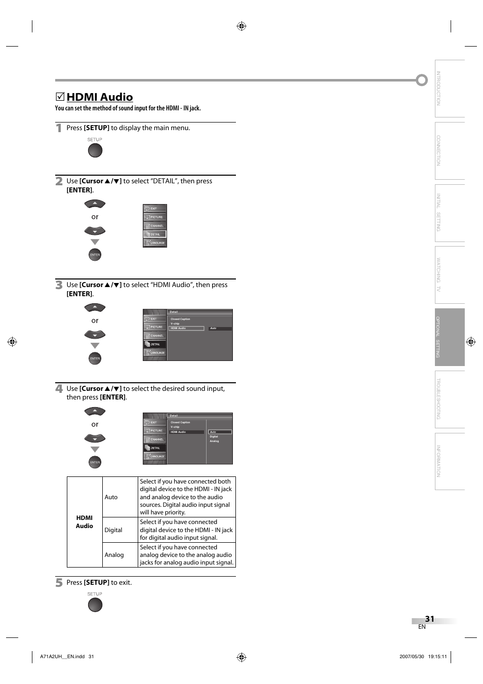 Hdmi audio | FUNAI V07LCD26 User Manual | Page 31 / 36