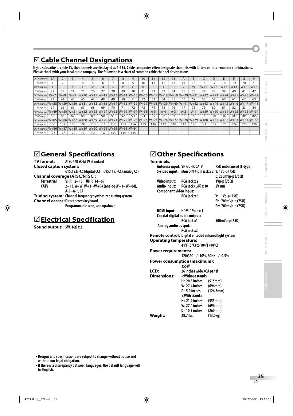 General specifications, Electrical specification, 5other specifications | Cable channel designations 5 | FUNAI V07LCD26 User Manual | Page 35 / 36