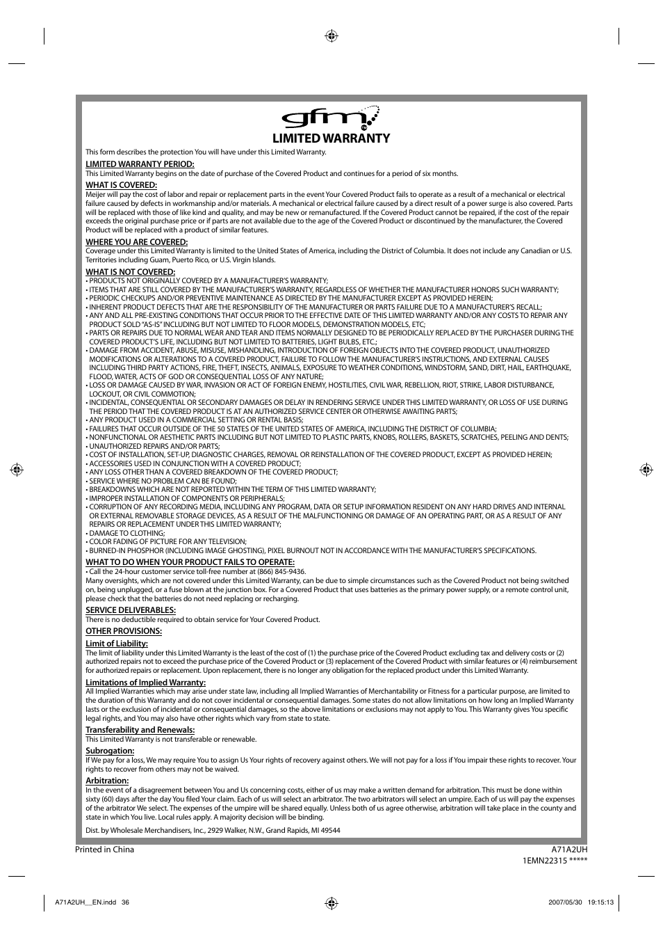 Limited warranty | FUNAI V07LCD26 User Manual | Page 36 / 36