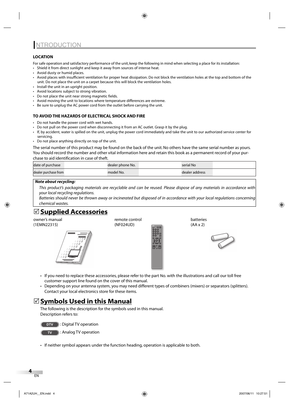 Ntroduction, Symbols used in this manual, Supplied accessories | FUNAI V07LCD26 User Manual | Page 4 / 36