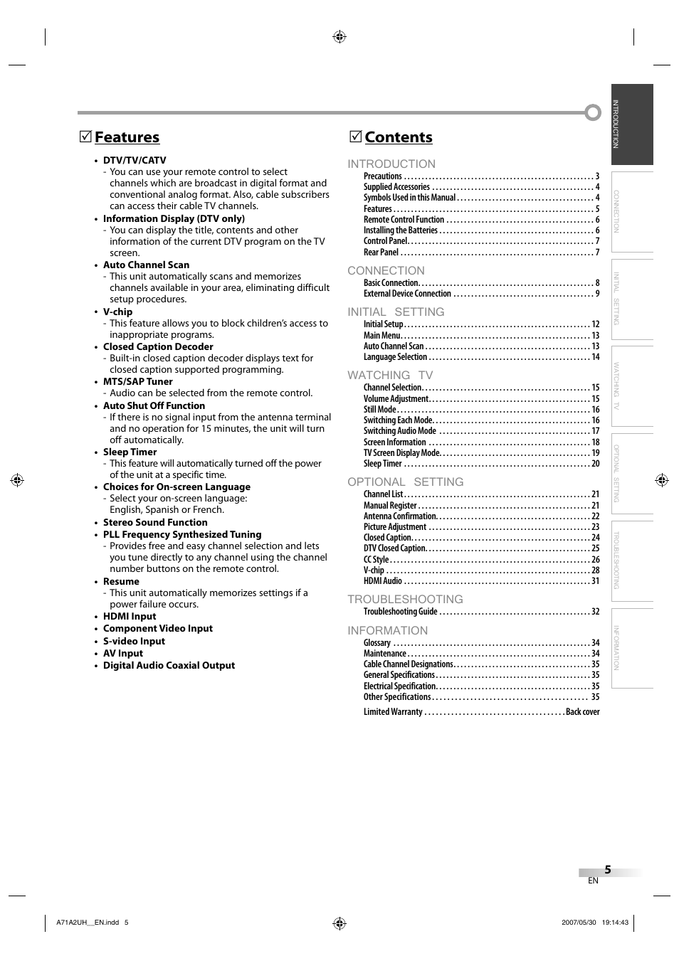 Introduction, Connection, Initial setting | Watching tv, Optional setting, Troubleshooting, Information, Contents 5, Features 5 | FUNAI V07LCD26 User Manual | Page 5 / 36