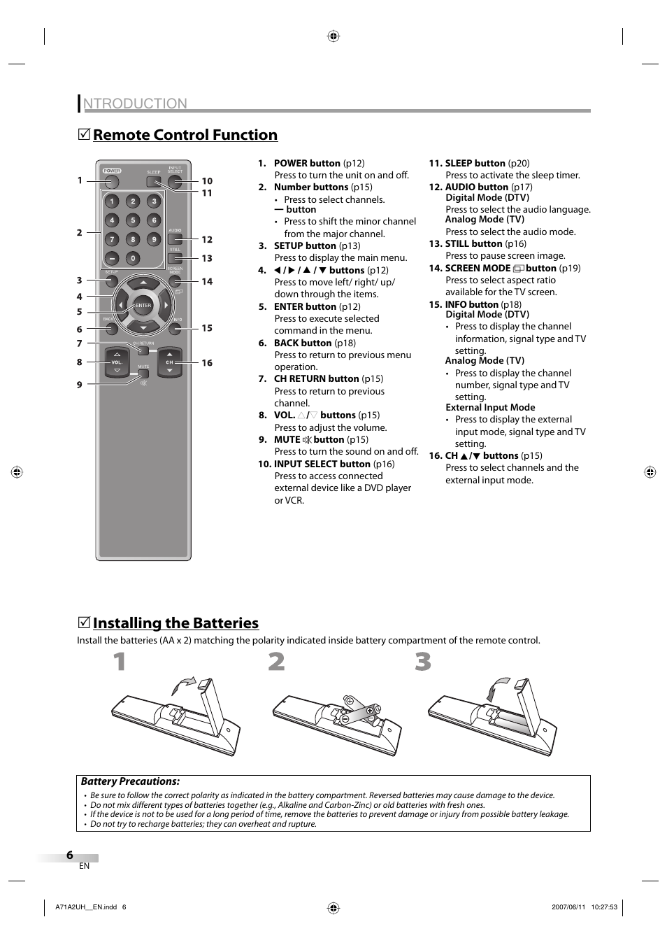 Ntroduction, Remote control function 5, Installing the batteries | FUNAI V07LCD26 User Manual | Page 6 / 36