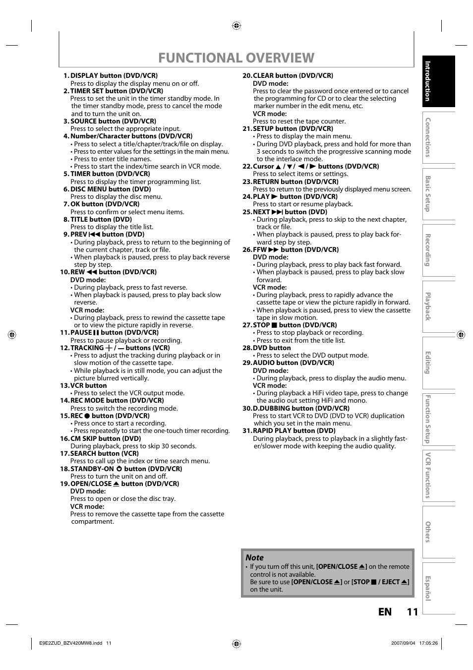 Functional overview, 11 en 11 en | FUNAI BZV420MW8 User Manual | Page 13 / 94