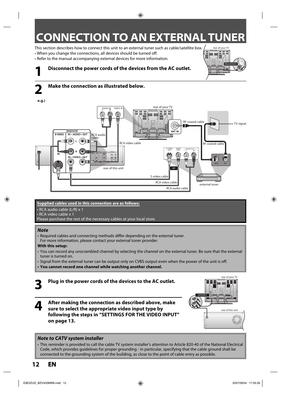 Connection to an external tuner, 12 en 12 en, Make the connection as illustrated below | FUNAI BZV420MW8 User Manual | Page 14 / 94