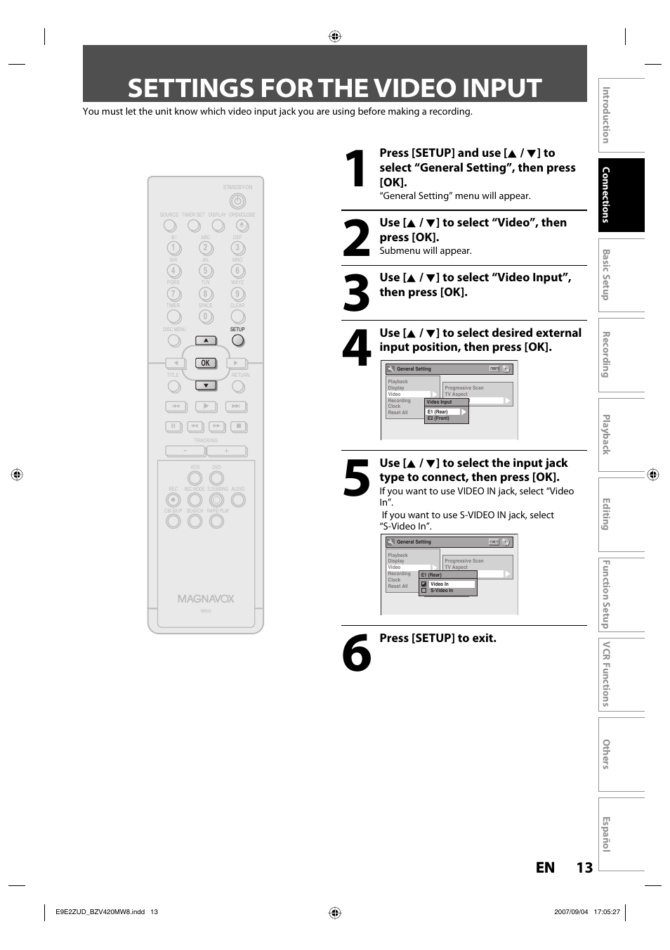 Settings for the video input, 13 en 13 en | FUNAI BZV420MW8 User Manual | Page 15 / 94